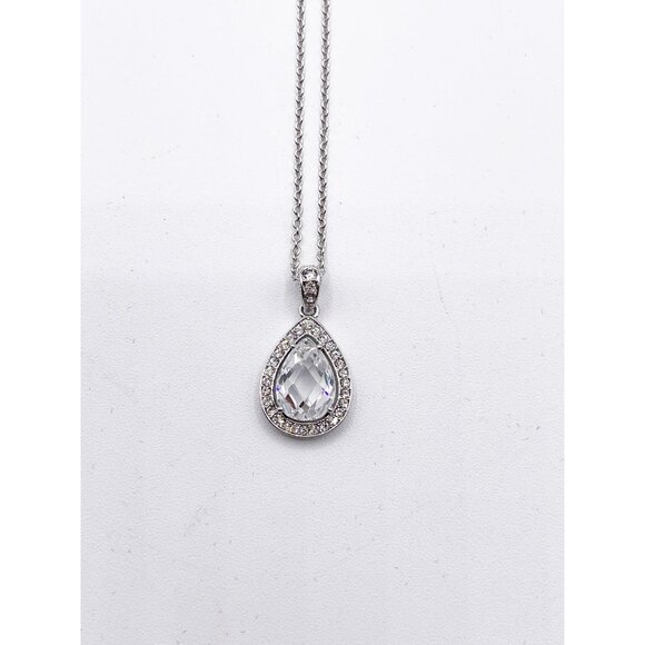 Nadri Teardrop Halo Pendant Necklace CZ Silver Tone Luxury Glam Elegant w/ Box - Picture 2 of 9